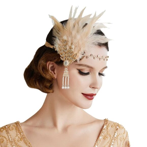 ✨ NWT Art Deco 1920’s Gatsby Flapper Feather Crystal Rhinestone & Pearl Headband - Picture 1 of 6
